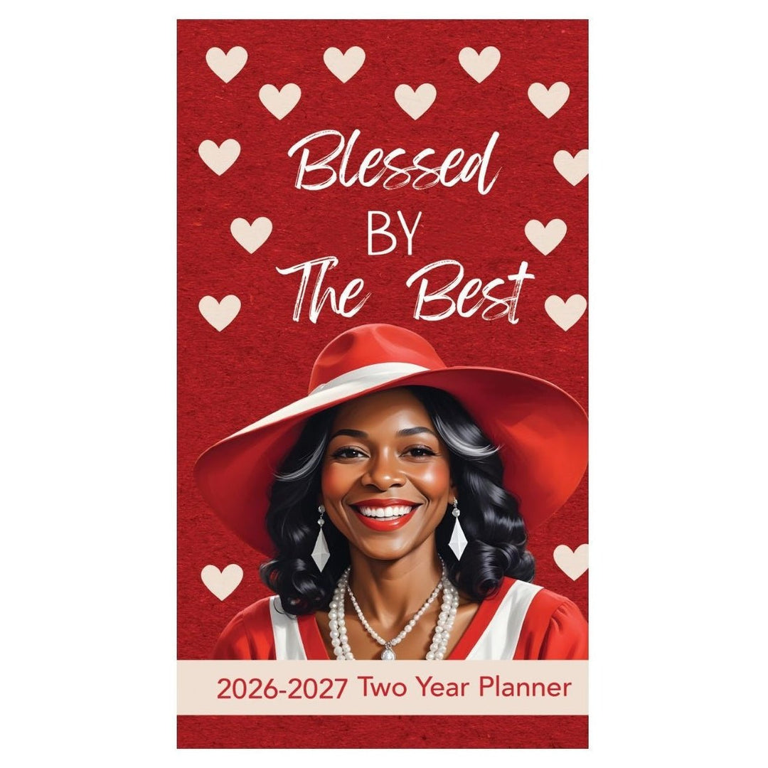 Blessed by the Best (Delta Sigma Theta): 2026-2027 Two Year Pocket Calendar/Planner (Main) - Two-year planner with a woman in a red hat on a red background with hearts
