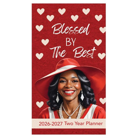 Blessed by the Best (Delta Sigma Theta): 2026-2027 Two Year Pocket Calendar/Planner (Main) - Two-year planner with a woman in a red hat on a red background with hearts