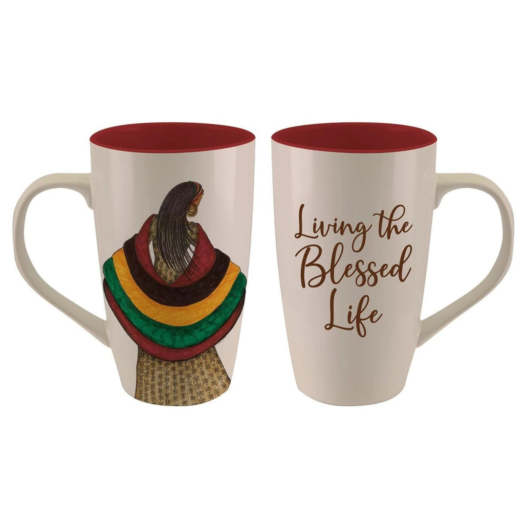 Living the Blessed Life Ceramic Latte Mug by Albert Fennell (Main) - Two ceramic mugs shown side by side on a white background. The left mug features an illustration of a woman wrapped in a red, green, yellow, and black striped shawl.