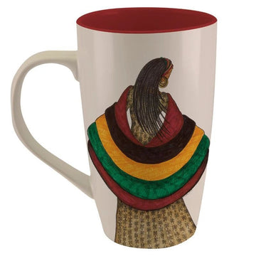 Living the Blessed Life Ceramic Latte Mug by Albert Fennell (Front) - A white ceramic mug with a red interior and handle, featuring a printed illustration of a woman from behind wearing a layered shawl in red, yellow, green, and brown tones.