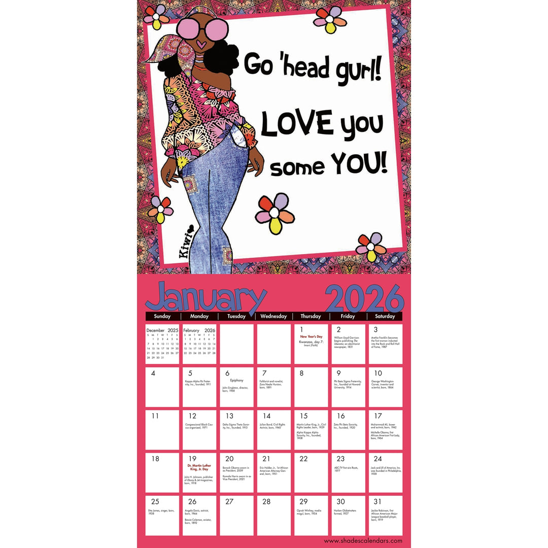 Blessed Sista Energy: The Art of Kiwi McDowell 2026 Black Art Calendar (Inside) - Calendar for January 2026 with a colorful design and text on a white background