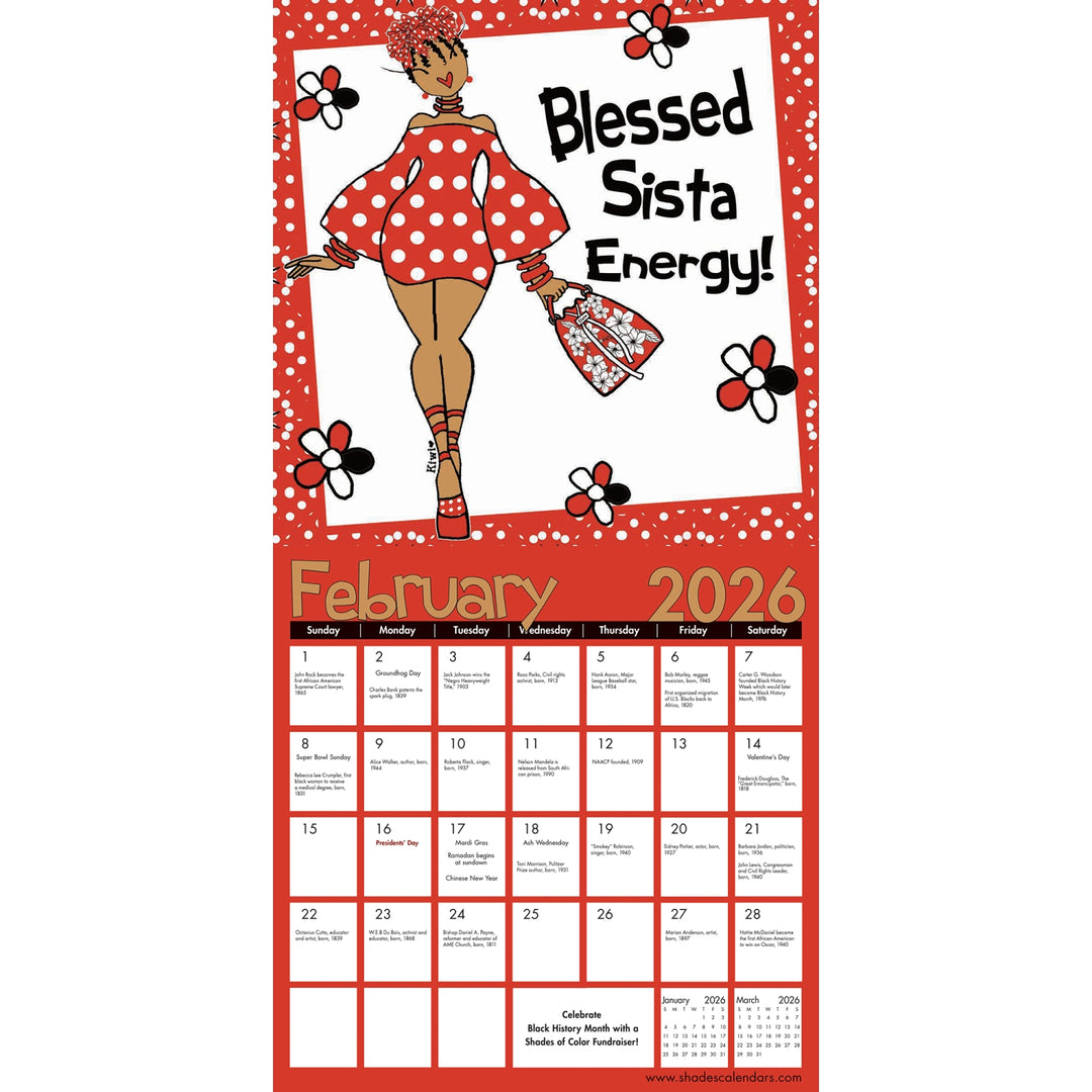 Blessed Sista Energy: The Art of Kiwi McDowell 2026 Black Art Calendar (Inside 2) - Calendar for February 2026 with a stylized illustration of a woman in a polka dot dress on a white background.