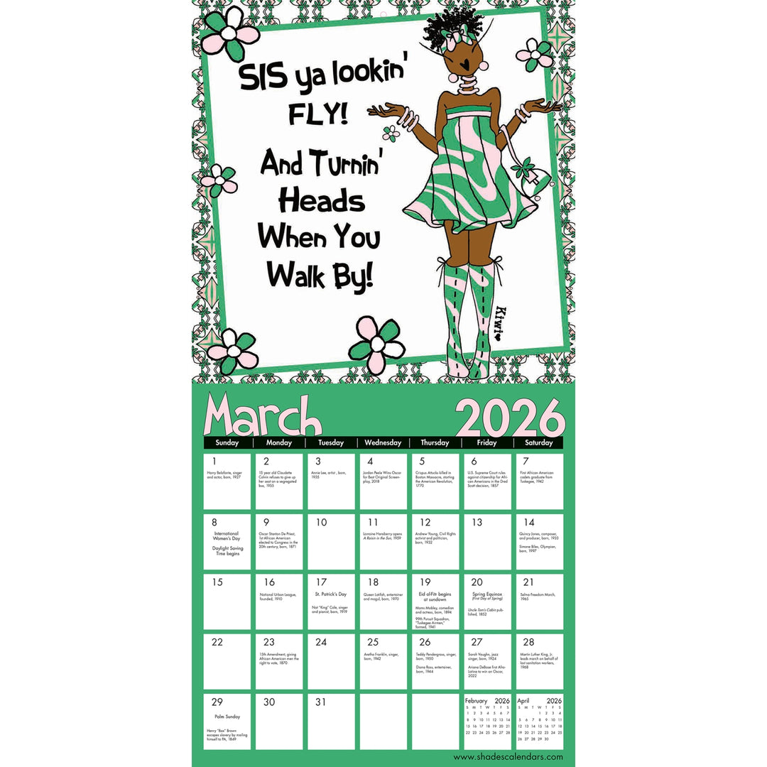 Blessed Sista Energy: The Art of Kiwi McDowell 2026 Black Art Calendar (Inside 3) - Calendar for March 2026 with a decorative design and text on a white background