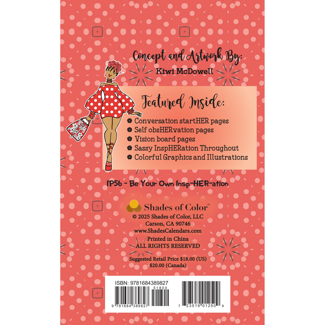 Blessed Sista Energy by Kiwi McDowell: 2026 Weekly Inspirational Planner (Back Cover) - Back cover of a book with a character illustration and text on a pink polka dot background