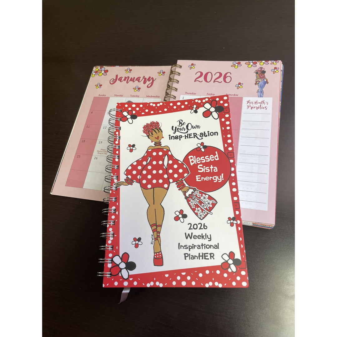 Blessed Sista Energy by Kiwi McDowell: 2026 Weekly Inspirational Planner (Lifestyle Combo 2) - 2026 weekly inspirational planner with a cover featuring a woman in a polka dot dress on a dark surface.