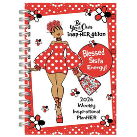 Blessed Sista Energy by Kiwi McDowell: 2026 Weekly Inspirational Planner (Main) - 2026 weekly inspirational planner with a cartoon character on a red and white polka dot background