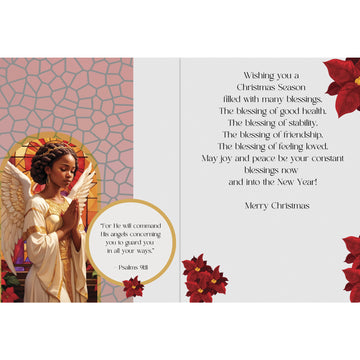 Blessings Upon Blessings (Angel): Afrocentric Christmas Card Box Set (Interior) - Christmas card with an angel, red flowers, and祝福 text on a white background