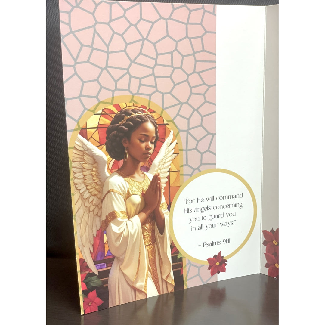 Blessings Upon Blessings (Angel): Afrocentric Christmas Card Box Set (Lifestyle, Interior 2) - Card with an angel illustration and a decorative border on a white background