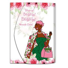 Blessings Upon Blessings (Ivy) Stylus Purse Pal by Kiwi McDowell (Main) - Card with a stylized illustration of a woman in a green dress and floral jacket, surrounded by pink flowers and text.