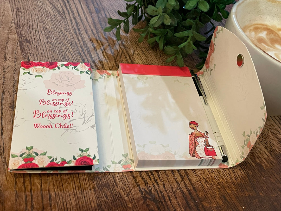 Blessings Upon Blessings (Diva) Stylus Purse Pal by Kiwi McDowell (Interior) - Open notebook with floral design on a wooden surface next to a cup of coffee and plant.