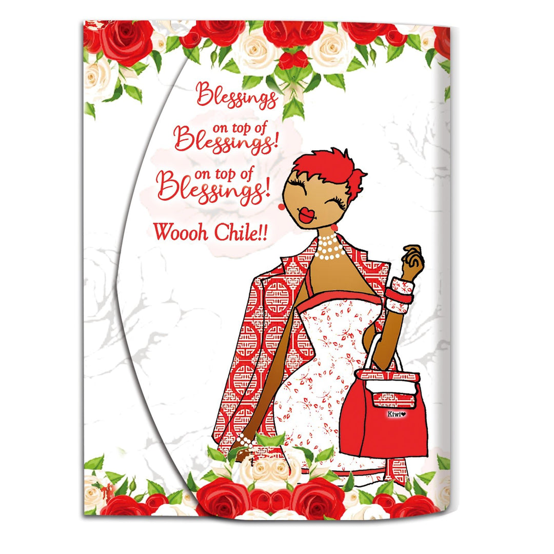 Blessings Upon Blessings (Diva) Stylus Purse Pal by Kiwi McDowell (Main) - Card with a stylized illustration of a woman in a red and white outfit, surrounded by roses and text.