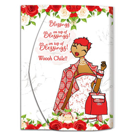 Blessings Upon Blessings (Diva) Stylus Purse Pal by Kiwi McDowell (Main) - Card with a stylized illustration of a woman in a red and white outfit, surrounded by roses and text.