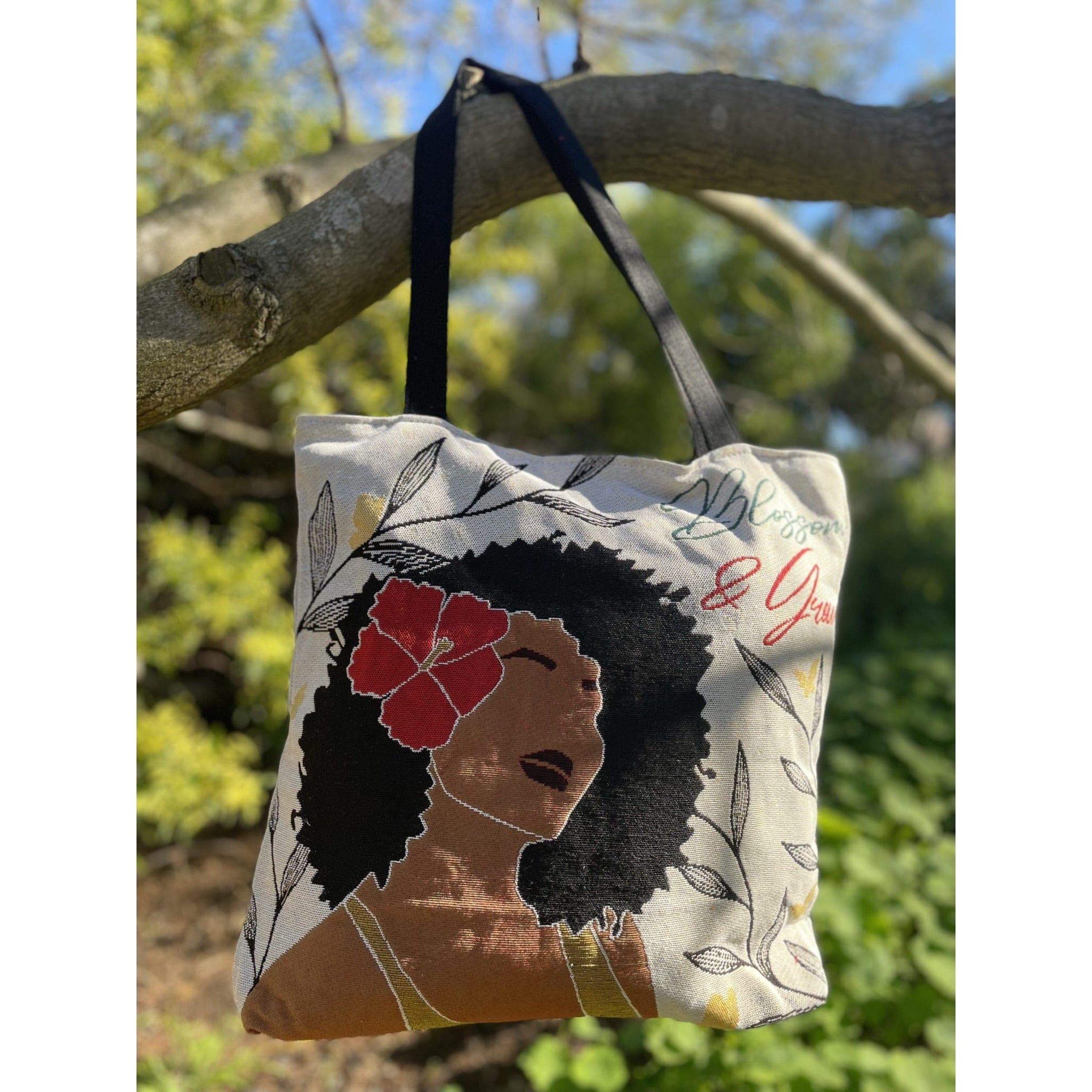 Blossom and Grow: African American Woven Tote Bag by Janine