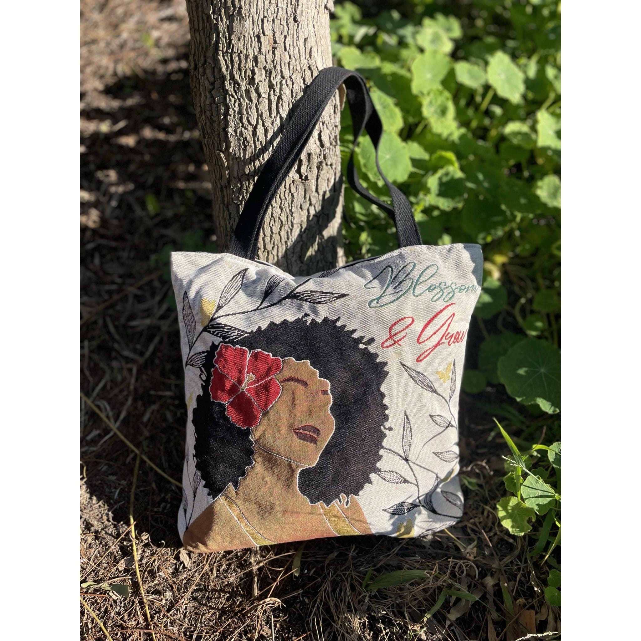 Blossom and Grow: African American Woven Tote Bag by Janine