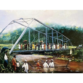 Born by the River by Ted Ellis - An oil painting depicting a crowd of people walking across a large steel truss bridge over a muddy river, with some people wading in the water below. The background features green trees and foliage under a pale sky.