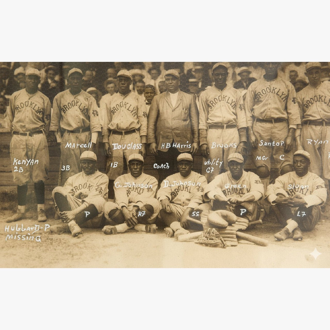 1919 Brooklyn Royal Giants Team Photo - Vintage photograph of a baseball team with player names labeled, wearing Brooklyn uniforms.