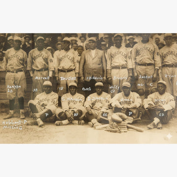 1919 Brooklyn Royal Giants Team Photo - Vintage photograph of a baseball team with player names labeled, wearing Brooklyn uniforms.