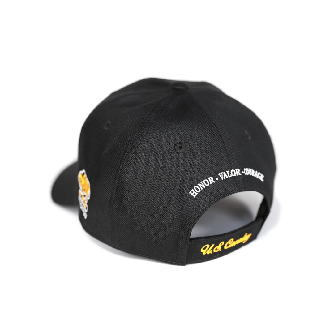 Buffalo Soldiers: Calvary Baseball Cap (Rear) - Black cap with yellow and white text and logos on a white background