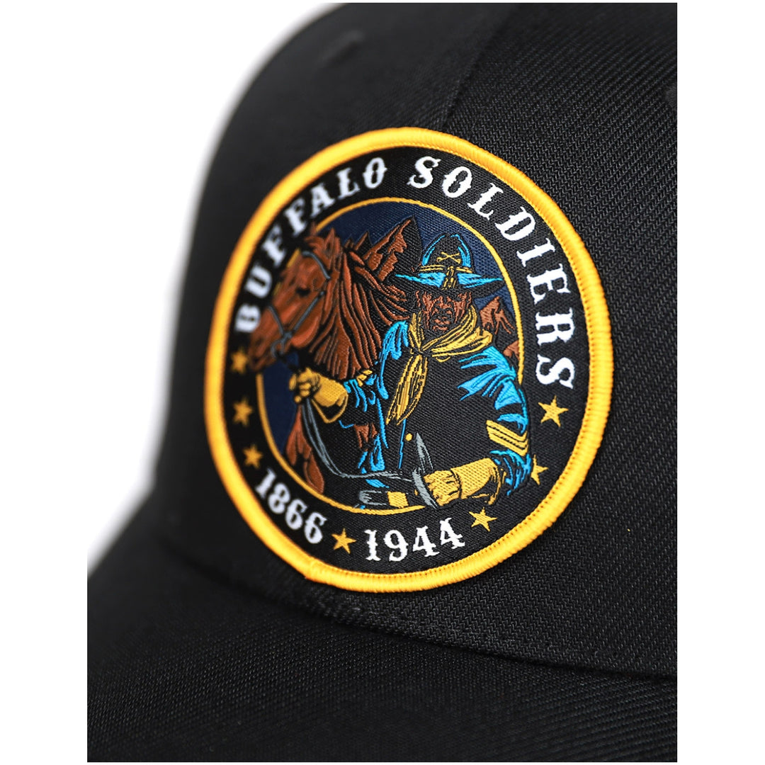 Buffalo Soldiers: Calvary Baseball Cap (Front Detail) - Black cap with a 'Buffalo Soldiers' patch featuring a soldier and horse.