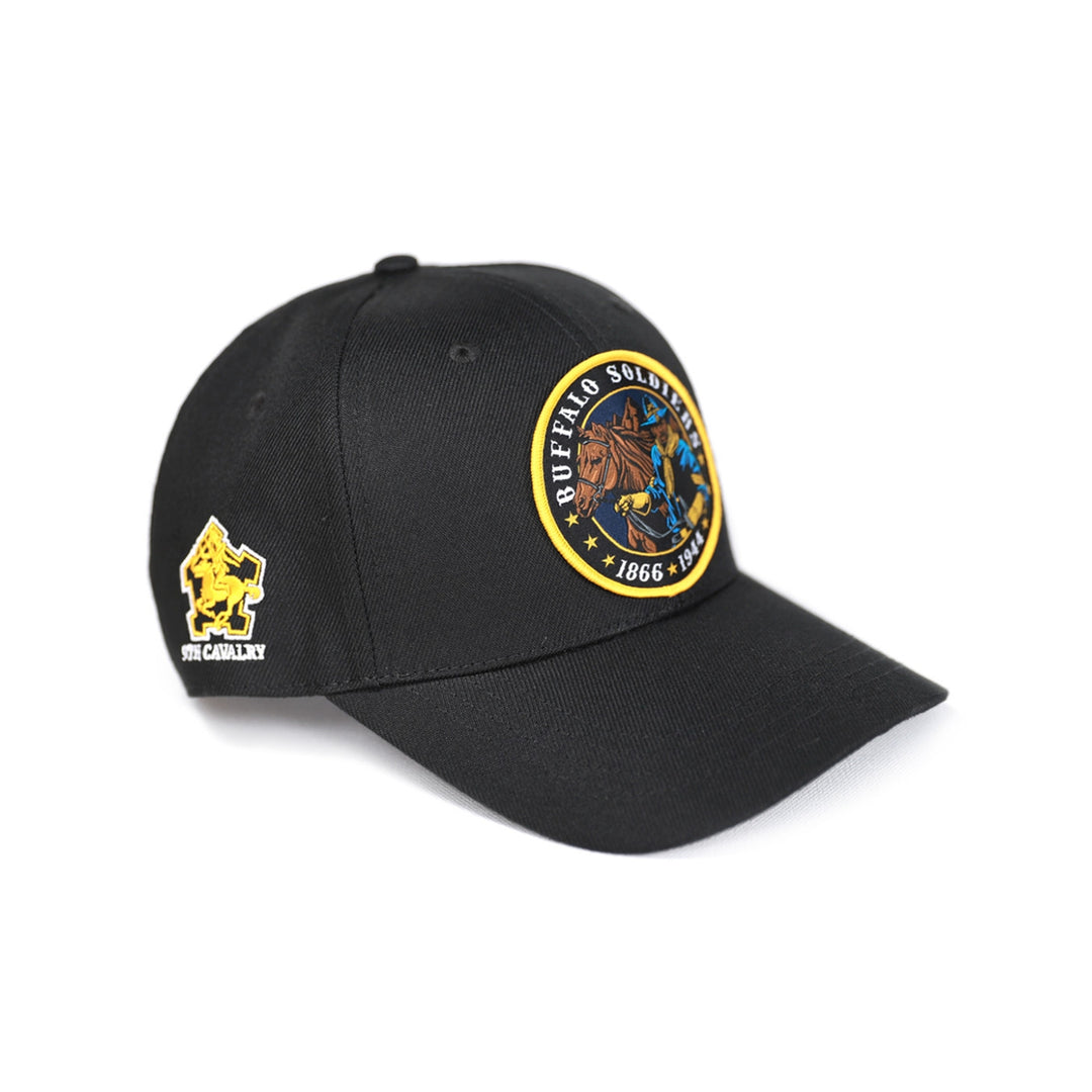 Buffalo Soldiers: Calvary Baseball Cap (Front) - Black cap with a circular patch featuring a horse and text on a white background