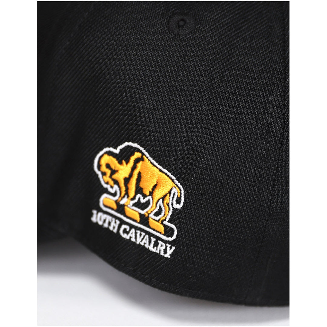 Buffalo Soldiers: Calvary Baseball Cap (Side Detail) - Black cap with a yellow and white emblem and '10th Cavalry' text on a white background