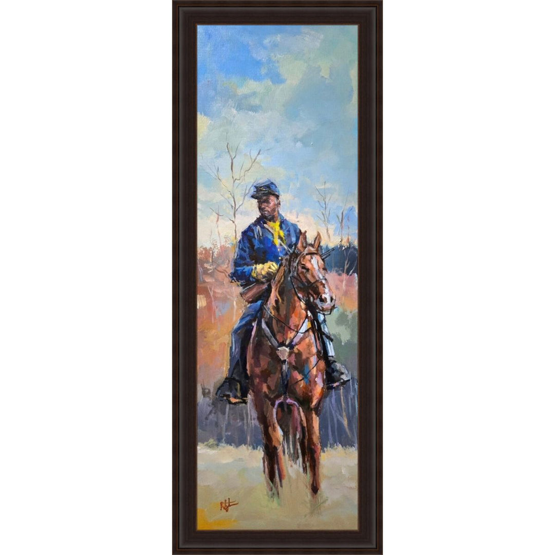 Young Scout: Buffalo Soldier by Robert Jackson (Brown Frame) - Painting of a person riding a horse with a scenic background