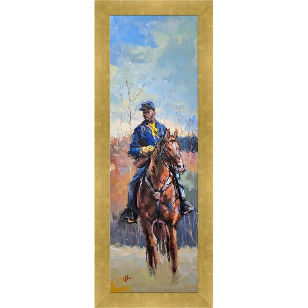 Young Scout: Buffalo Soldier by Robert Jackson (Gold Frame) - Painting of a person riding a horse with a gold frame