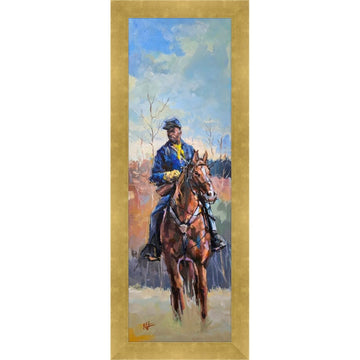 Young Scout: Buffalo Soldier by Robert Jackson (Gold Frame) - Painting of a person riding a horse with a gold frame