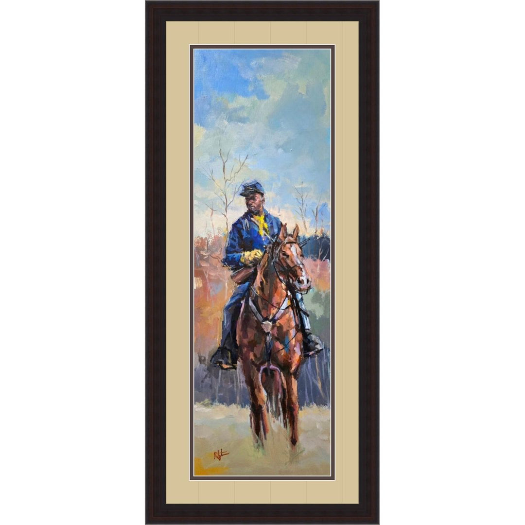 Young Scout: Buffalo Soldier by Robert Jackson (Double Matted w/ Brown Frame) - Painting of a person on horseback in a natural setting with a dark frame.