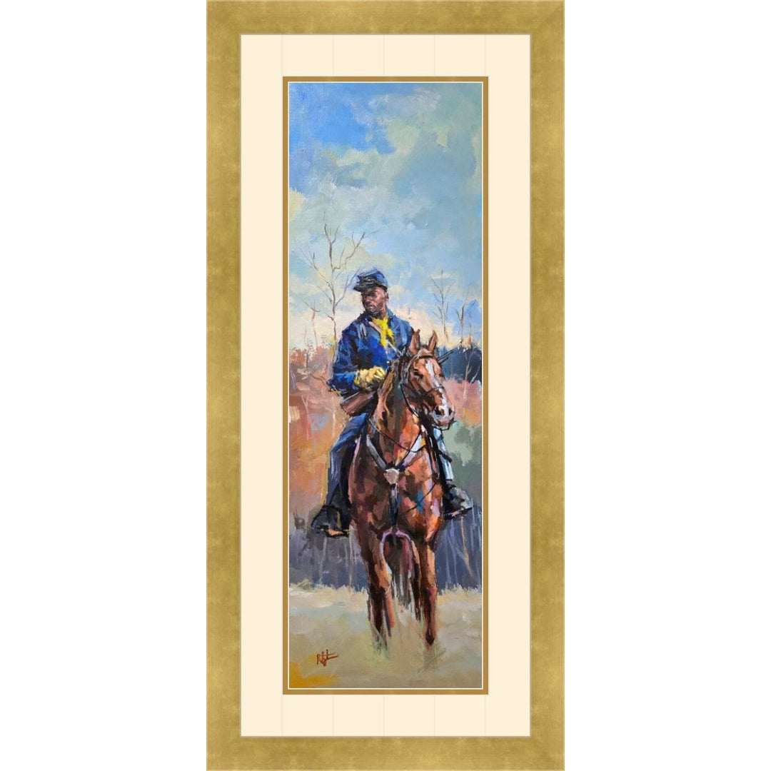 Young Scout: Buffalo Soldier by Robert Jackson (Double Matted w/ Gold Frame) - Painting of a person on horseback with a gold frame