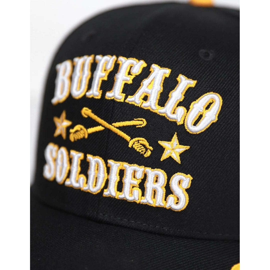 Buffalo Soldiers Baseball Cap (Front Detail) - Black cap with 'Buffalo Soldiers' text and star designs on a white background