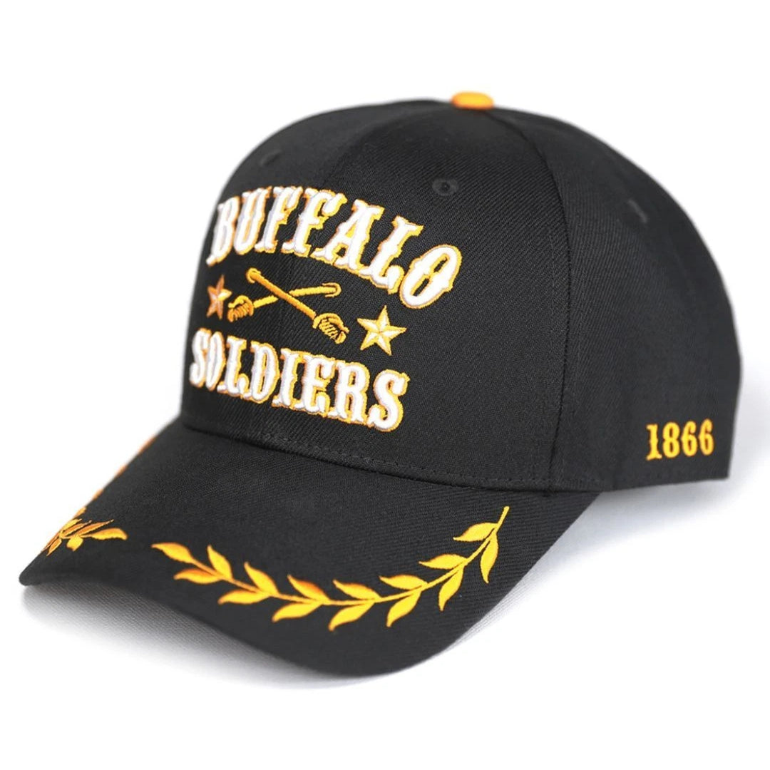 Buffalo Soldiers Baseball Cap (Front) - Black cap with 'Buffalo Soldiers' and '1866' text on a white background