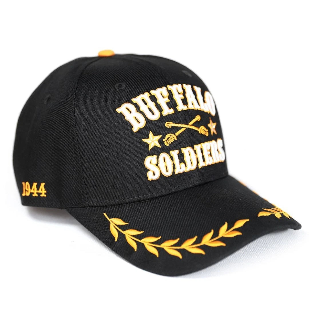 Buffalo Soldiers Baseball Cap (Front 2) - Black cap with gold text and designs on a white background