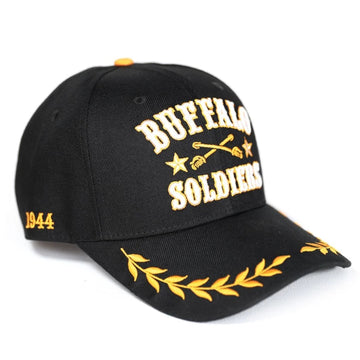 Buffalo Soldiers Baseball Cap (Front 2) - Black cap with gold text and designs on a white background