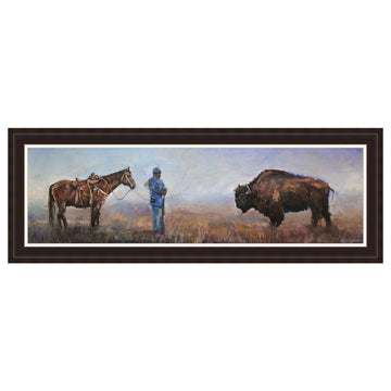 Buffalo.....Soldier Art Print by Robert Jackson (Brown Frame) - Painting of a person on horseback facing a bison in a field