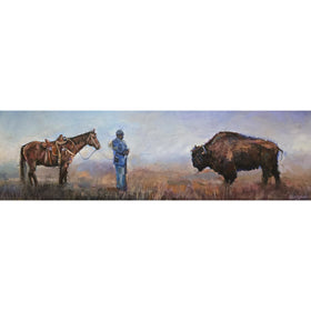 Buffalo.....Soldier Art Print by Robert Jackson (Unframed) - Painting of a person with a horse and a bison in a field