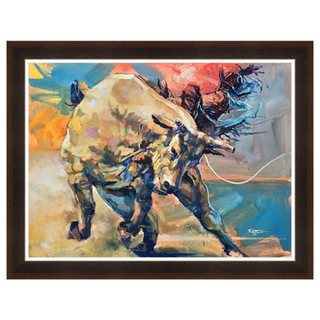 Bull Rider by Robert Jackson (Brown Frame) - Framed painting of a bull with abstract background
