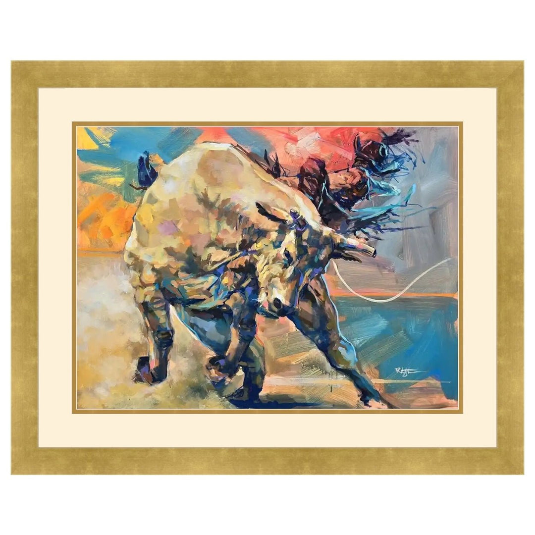Bull Rider by Robert Jackson (Double Matted w/ Gold Frame) - Abstract painting of a bull with colorful background, framed in gold.