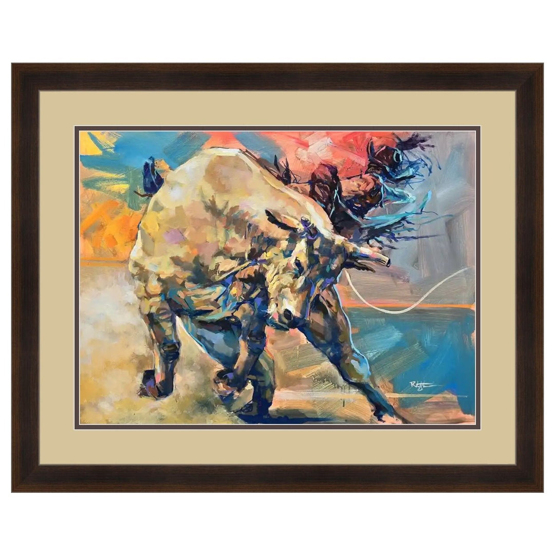 Bull Rider by Robert Jackson (Double Matted w/ Brown Frame) - Framed abstract painting of a horse with colorful brushstrokes on a beige background