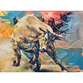 Bull Rider by Robert Jackson (Unframed) - Colorful painting of a bull and rider on a white background