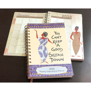 Can't Keep a Good Sistah Down by Cidne Wallace: 2026 African American Weekly Inspirational Planner (Lifestyle Combo) - 2026 weekly inspirational planner with a cover featuring an illustration of a woman and text on a dark surface.