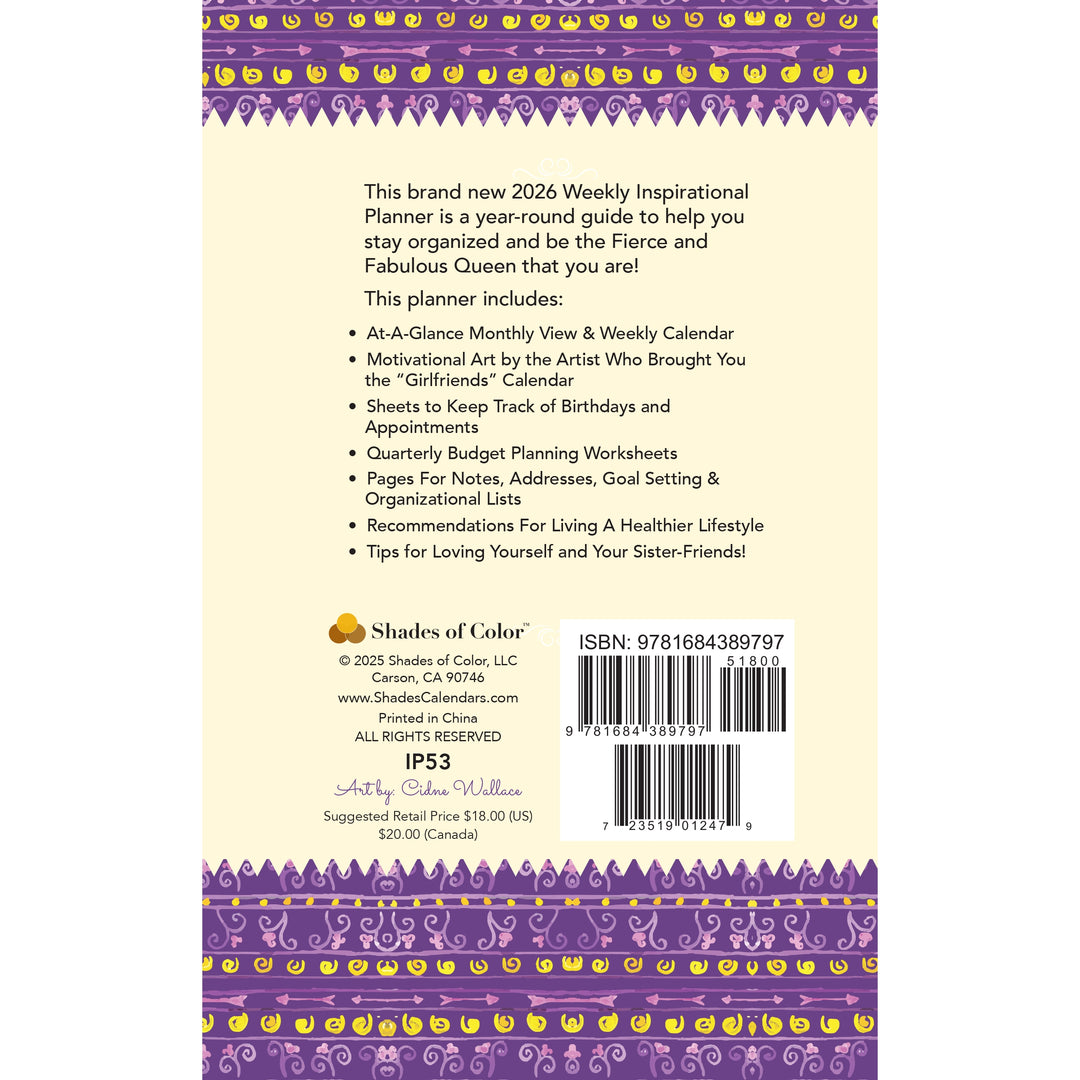 Can't Keep a Good Sistah Down by Cidne Wallace: 2026 African American Weekly Inspirational Planner (Back Cover) - Back cover of a planner with text and branding details