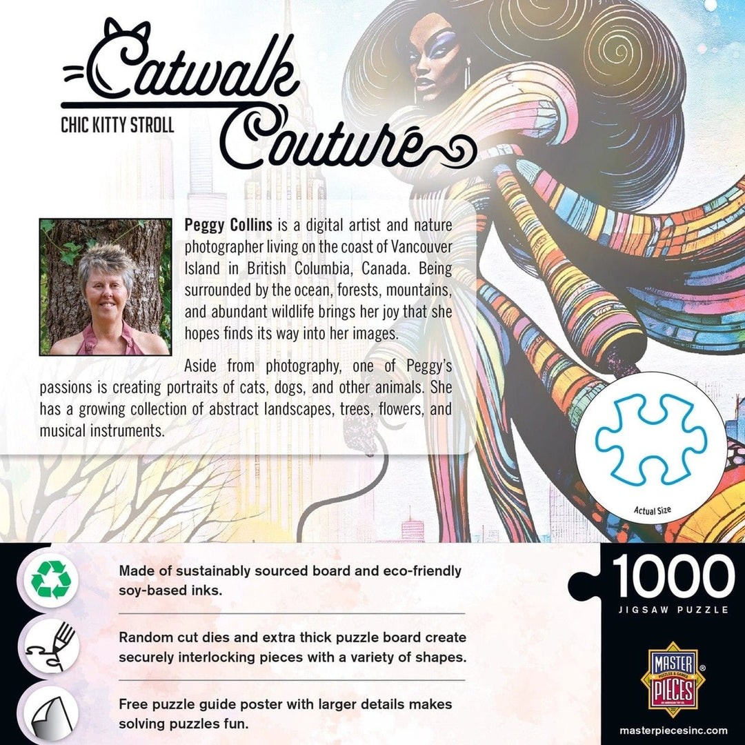 Catwalk Couture 1000 pcs Jigsaw Puzzle by Peggy Collins (Back of Box) -  Catwalk Couture jigsaw puzzle packaging with a woman in colorful dress and text about artist Peggy Collins.