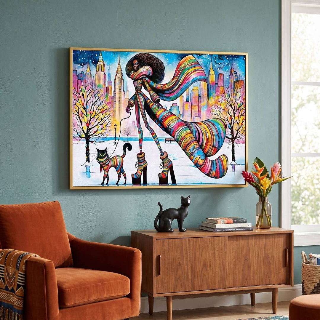 Catwalk Couture 1000 pcs Jigsaw Puzzle by Peggy Collins (Framed Puzzle) -  A colorful framed wall art print hangs on a blue-green wall above a wooden console table in a styled living room. The artwork depicts a whimsical winter city scene with a large rainbow-striped scarf or snake-like figure, three cats, bare trees, and a blue-toned skyline.