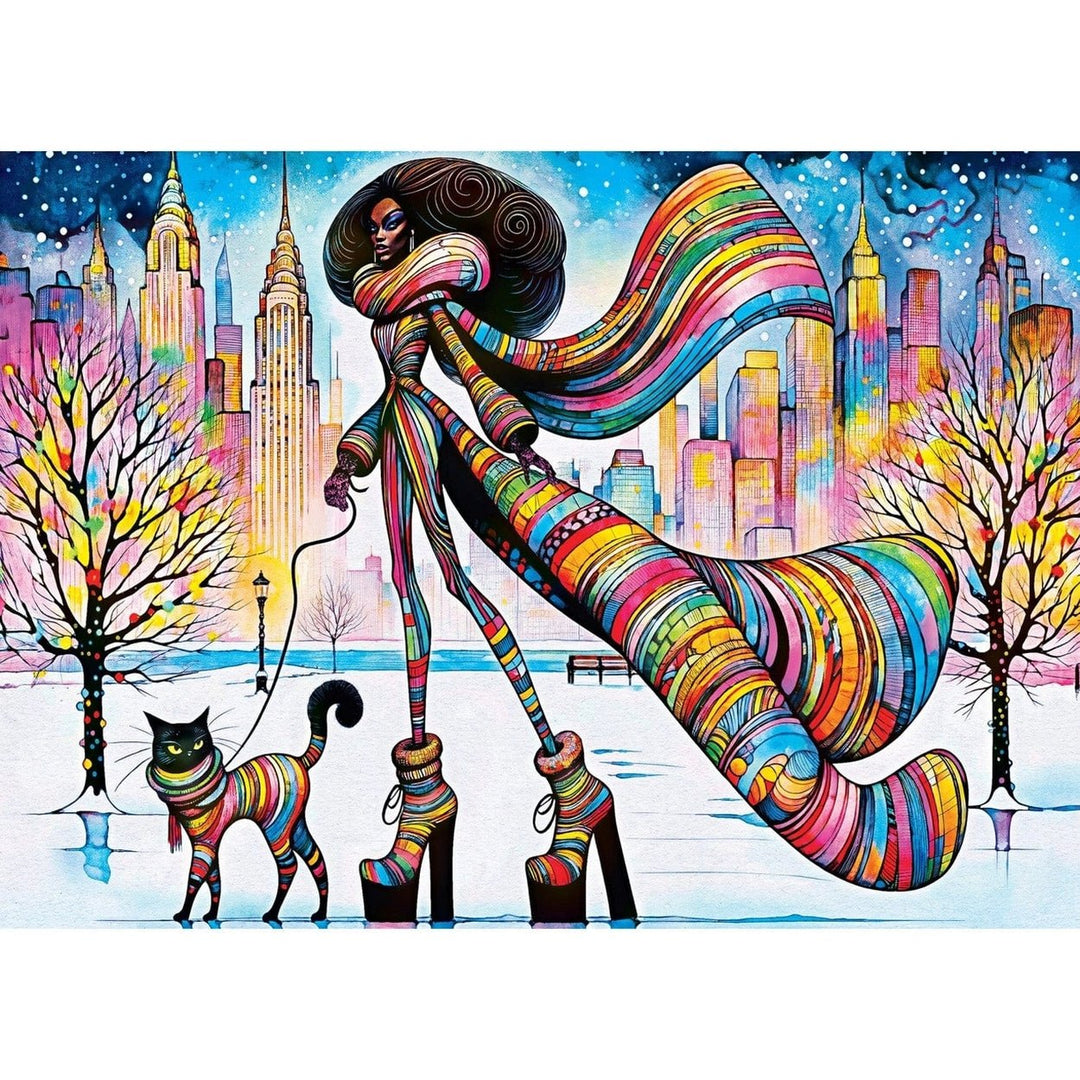 Catwalk Couture 1000 pcs Jigsaw Puzzle by Peggy Collins (Full Image) -  Colorful illustration of a woman and cat with a cityscape background