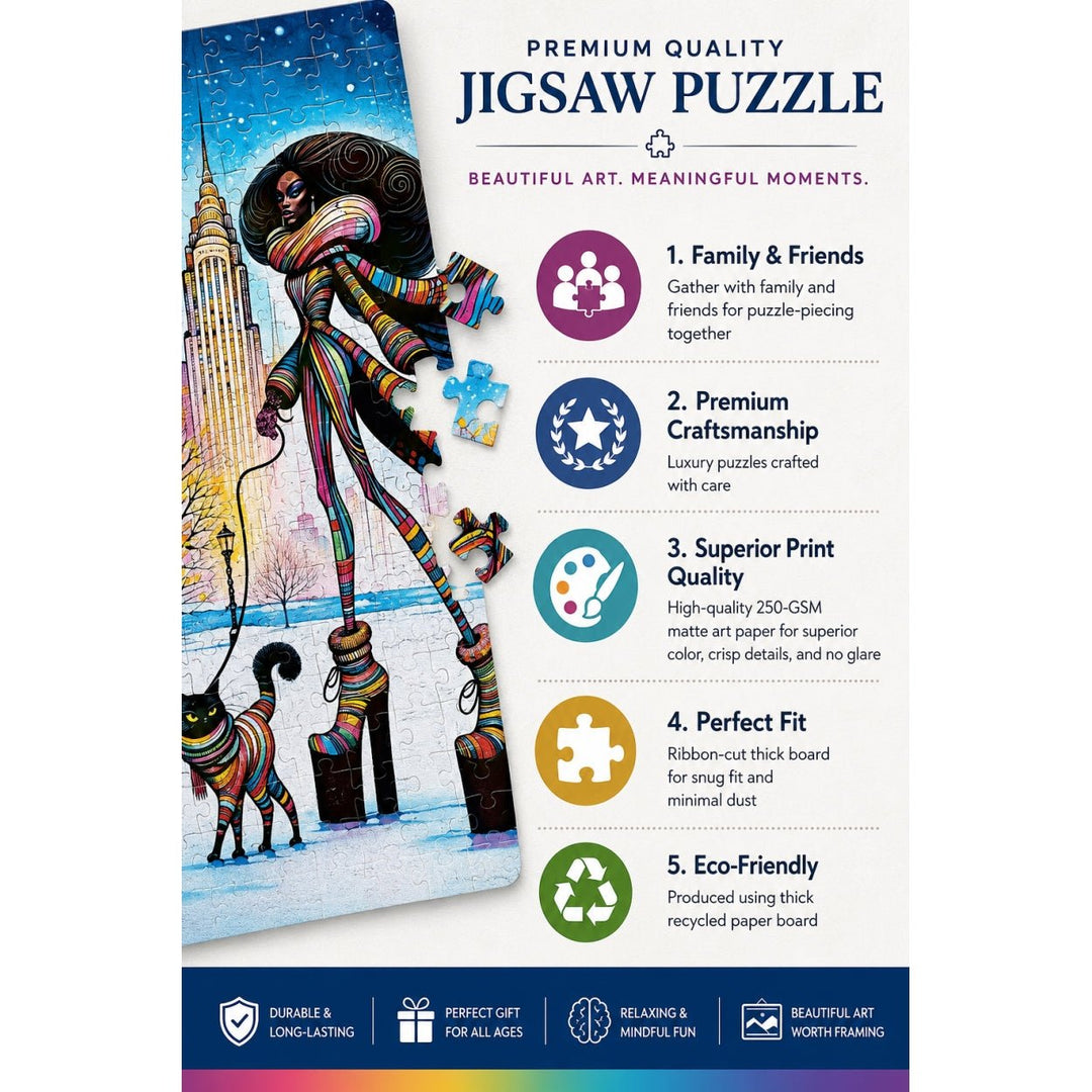 Catwalk Couture 1000 pcs Jigsaw Puzzle by Peggy Collins (Infographic) -  A jigsaw puzzle box front featuring a colorful illustrated figure and cat on a snowy street beside the New York City skyline, with text reading 'PREMIUM QUALITY JIGSAW PUZZLE' and five feature callouts on a white background.