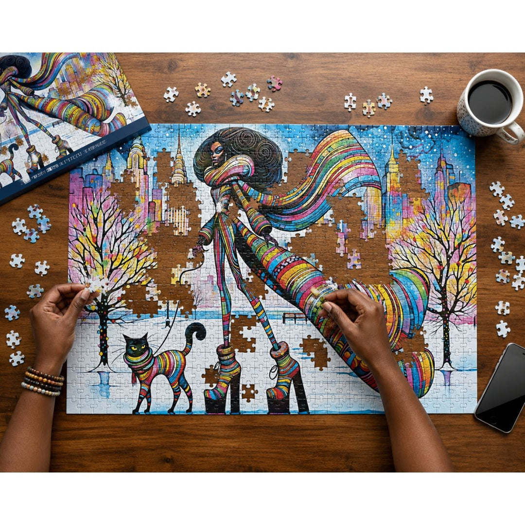 Catwalk Couture 1000 pcs Jigsaw Puzzle by Peggy Collins (Lifestyle) -  A person's hands are shown assembling a vibrant, multicolored jigsaw puzzle on a wooden table. The puzzle features an artistic illustration of a woman in high heels with a flowing scarf, accompanied by a black cat and stylized trees.