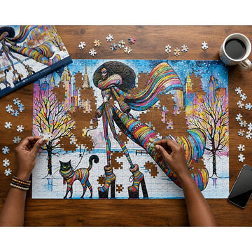 Catwalk Couture 1000 pcs Jigsaw Puzzle by Peggy Collins (Lifestyle) -  A person's hands are shown assembling a vibrant, multicolored jigsaw puzzle on a wooden table. The puzzle features an artistic illustration of a woman in high heels with a flowing scarf, accompanied by a black cat and stylized trees.