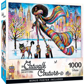 Catwalk Couture 1000 pcs Jigsaw Puzzle by Peggy Collins (Main) -  Jigsaw puzzle box with colorful design of a woman and cat in a cityscape, featuring 'Catwalk Couture' branding.