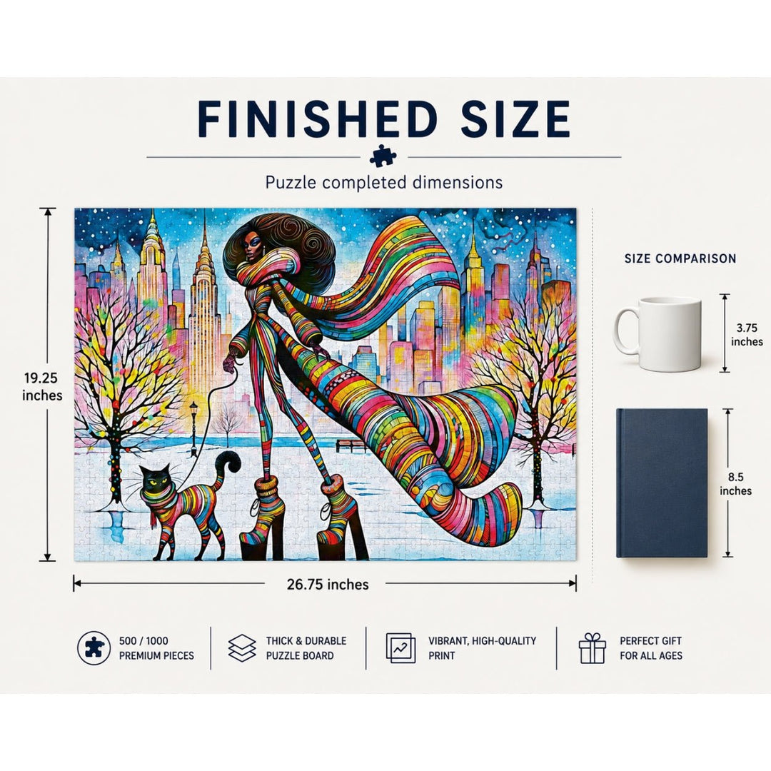 Catwalk Couture 1000 pcs Jigsaw Puzzle by Peggy Collins (Sizing Guide) -  Puzzle product graphic showing a colorful illustrated puzzle board with dimensions labeled as finished size: 26.75 inches by 19.